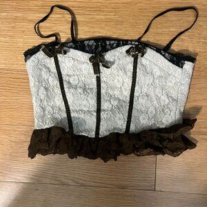 CORSETLYF Cream, Brown and Back Lace Corset Top with Velvet Bows Size Medium